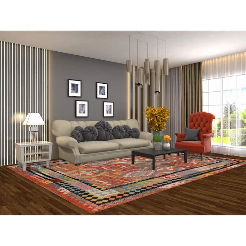 Geometric Kilim Oriental Area Rug Flatweave Orange Wool Carpet - 8'0" x 11'5"