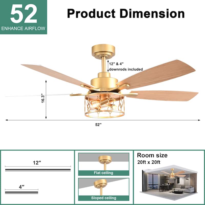 Cusp Barn 52 Inch Industrial Caged Ceiling Fan with Light and Remote, Farmhouse Quiet DC Motor Reversible Chandelier Ceiling Fan