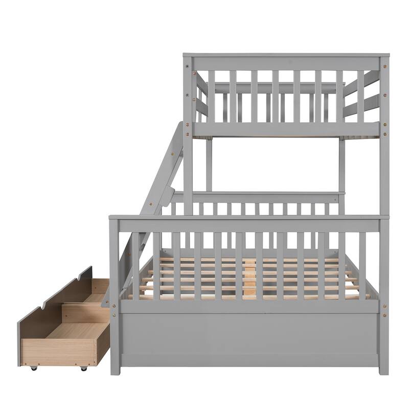 Twin-Over-Full Bunk Bed with Ladders and Two Storage Drawers in Gray