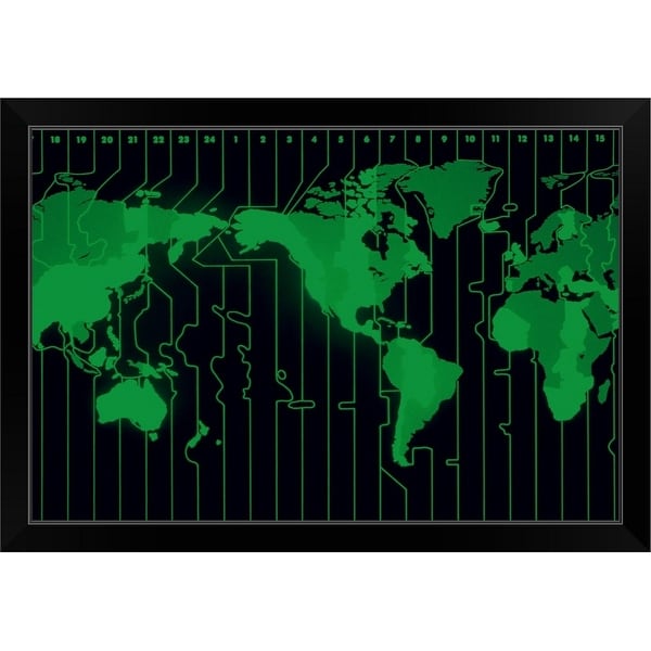 "World map displaying time zones" Black Framed Print