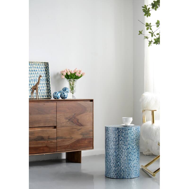 Geometric Capiz Shell Inlay Accent Stool - 19.5" - Blue and White