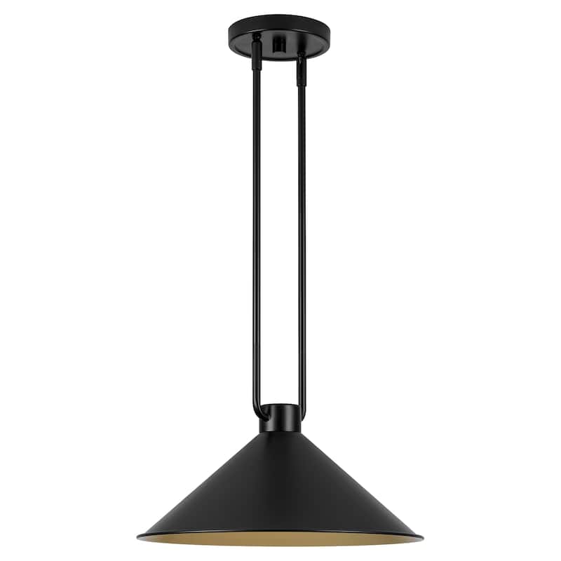 1-Light Vintage Industrial Black and Gold Interior Metal Cone Pendant Light with Adjustable Rods - 15.75 in. W x 7.48 in. H
