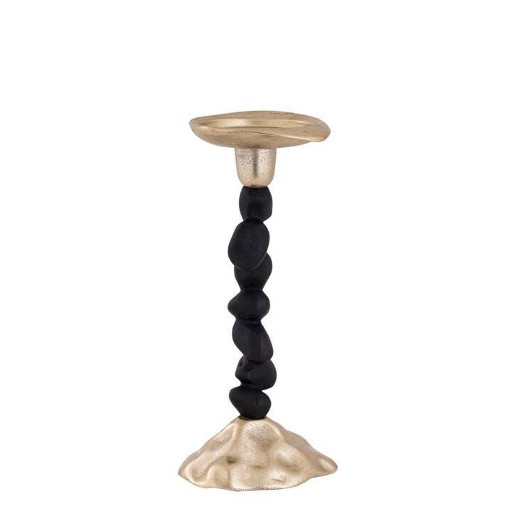 Gold Pillar Candle Holder with Black Pebble Detail