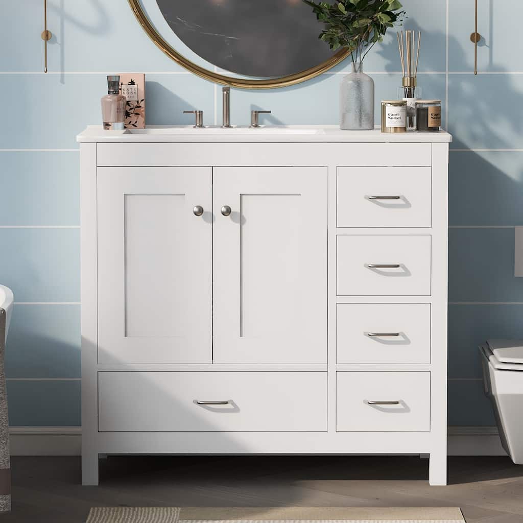 Bathroom Vanity with Ceramic Sink, Abundant Storage Cabinet with 2 Soft Close Doors and 5 Drawers and Delicate Silver Handles