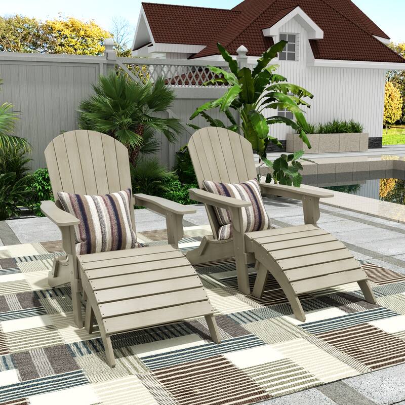 Vineyard HIPS Outdoor Folding Eco-Friendly All Weather Seashell Adirondack Chairs with Ottomans (4-Piece Set) - Weathered Gray