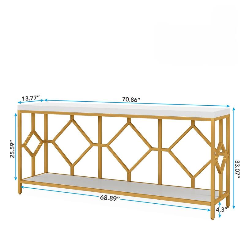 70.9" Extra Long Sofa Table, Industrial Narrow Console Table Behind Couch with Diamond Pattern Metal Frame, 2-Tier Open Storage