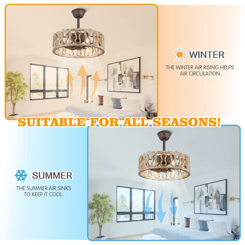 18 Inch Vintage Farmhouse Caged Ceiling Fan with Lights and Remote, 6-Speed Reversible Bladeless Ceiling Fan Fandelier - 18"