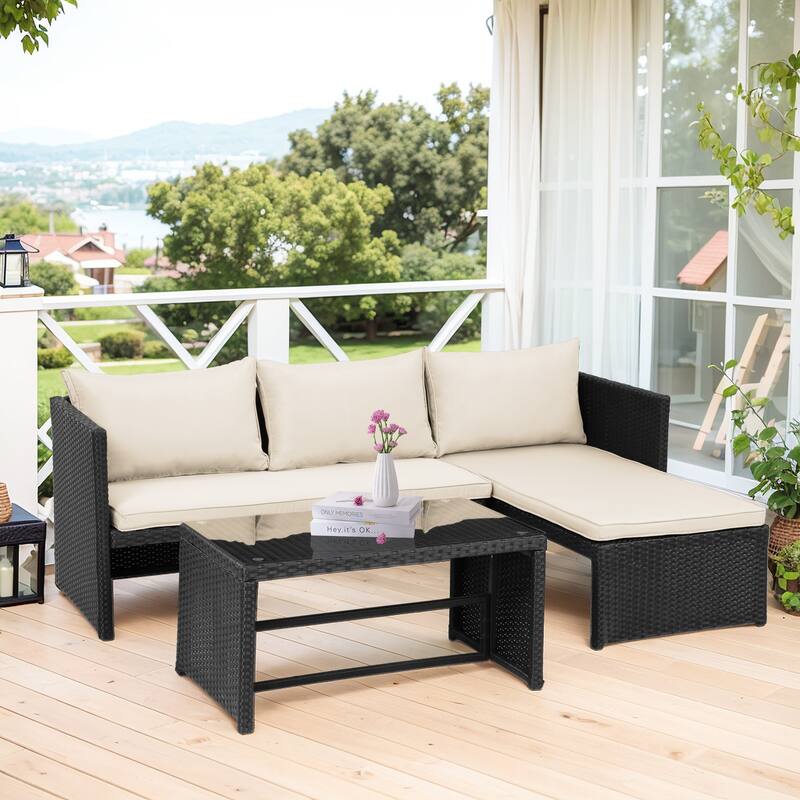 3 Pieces Patio Conversation Set, All Weather Outdoor PE Rattan Wicker Furniture Set with Cushions, Tempered Glass Coffee Table