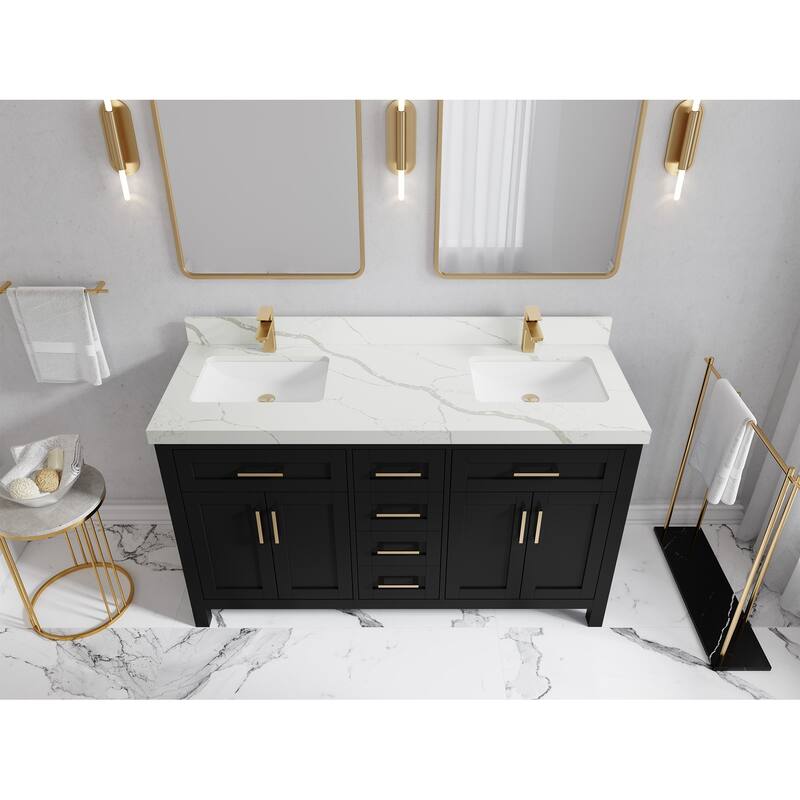 Willow Collections 60 in. W x 22 in. D Cambridge Double Sink Bathroom Vanity with Countertop - 2"Calacatta Laza - Black