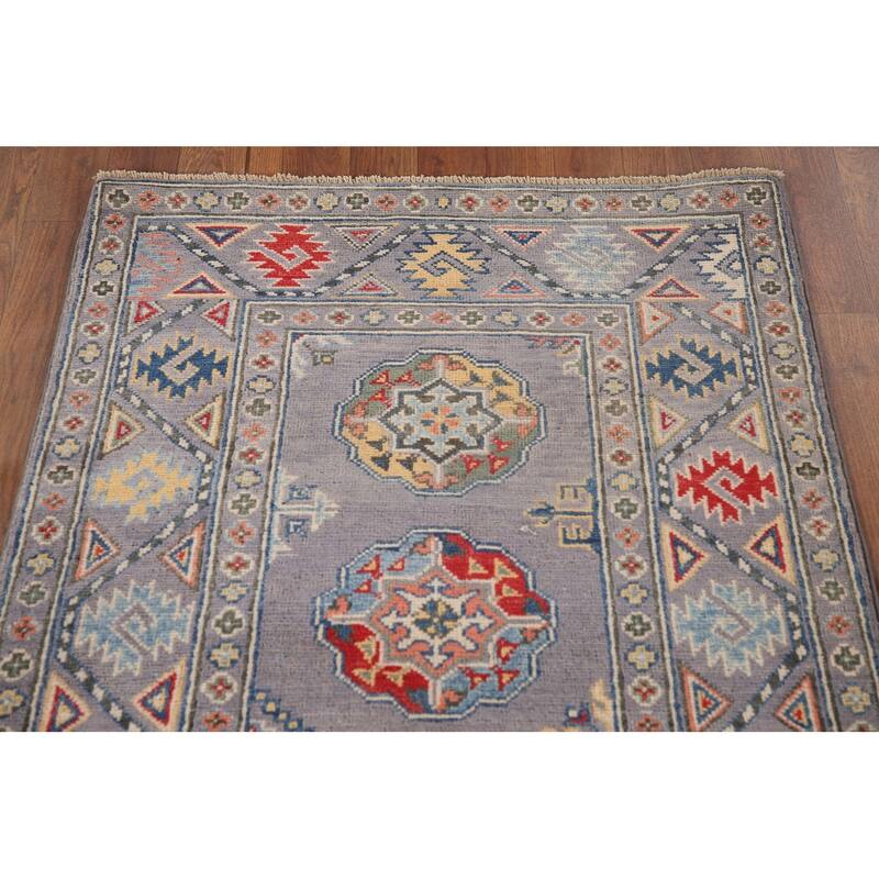 Geometric Gray Kazak Runner Rug Handmade Wool Carpet - 2'8" x 8'3"