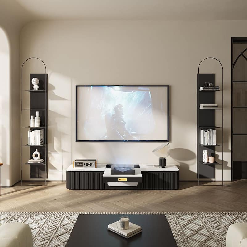 Modern TV Stand for Projector, Sintered Stone TV Cabinet with Drawers for Home Theater, Oak Veneer MDF, Black & White