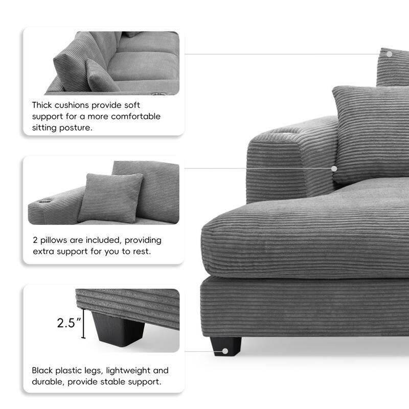 L Shaped Sectional Sofa with USB Charging Port and Cup Holder