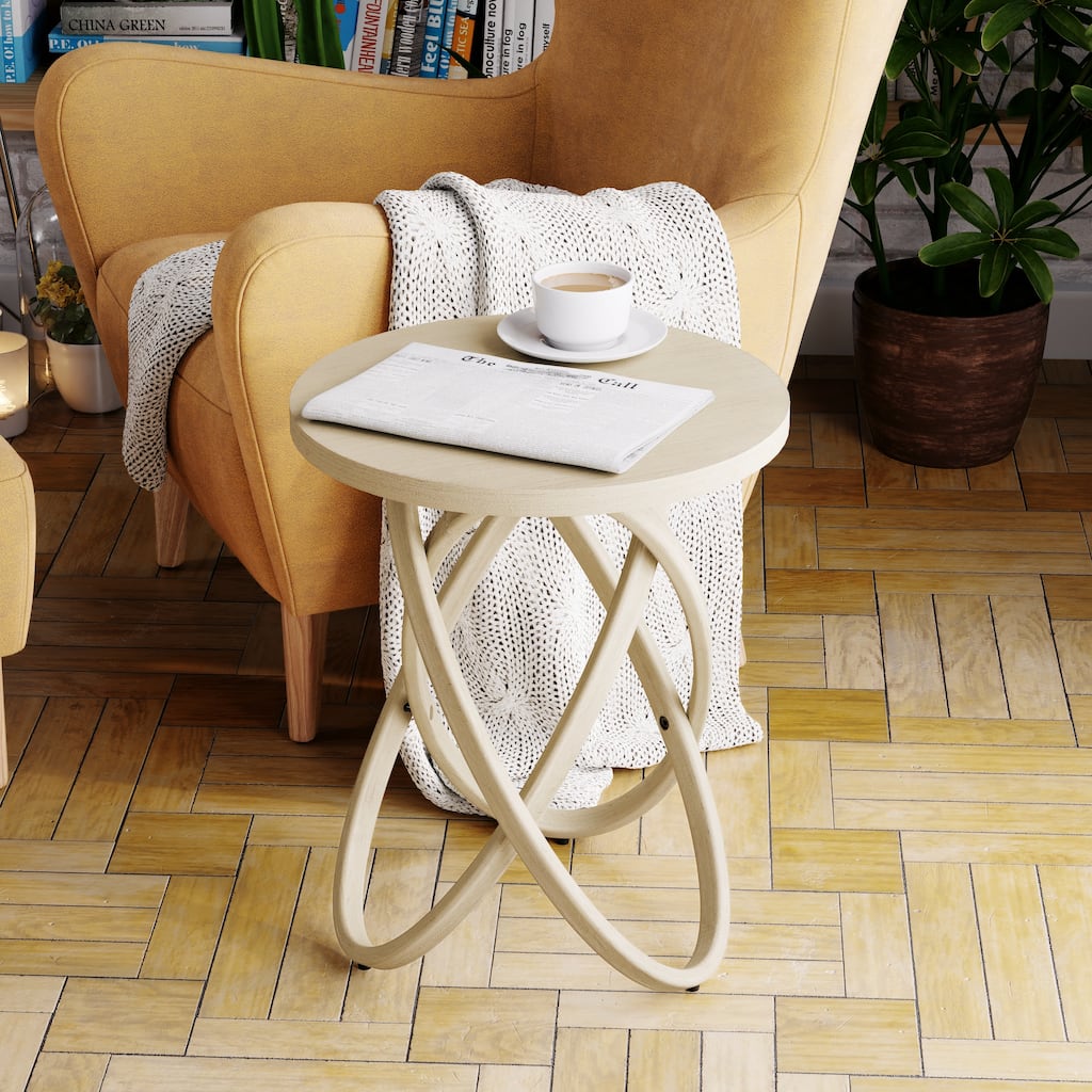 COZAYH Farmhouse End Table Round Wood Side Table Rustic Plant Stand With Intertwined Line Design