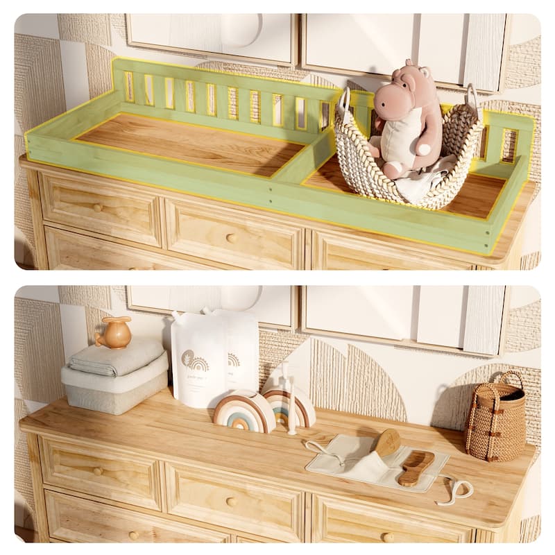 Solid Pine Wood Baby Changing Table Dresser with 9 Drawers – Natural Finish Nursery Dresser with Removable Changing Topper