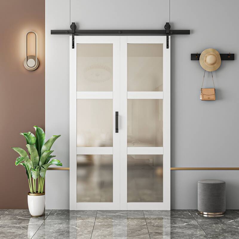 84''H Double Bi Fold 3 Lite Glass Door Primed Finish With Primed Finish Barn Door - 24X84