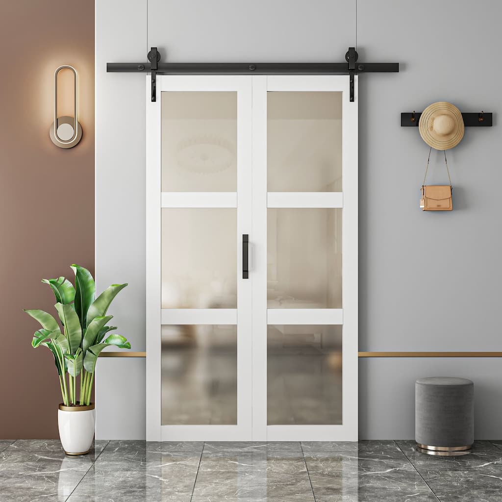 84''H Double Bi Fold 3 Lite Glass Door Primed Finish With Primed Finish Barn Door