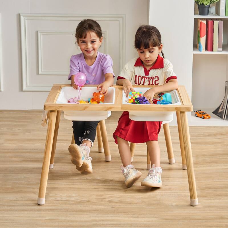 Natural Wood Pine Sensory Table Set with Stools & Storage Bins - 32.1" x 23.6" x 19.9"