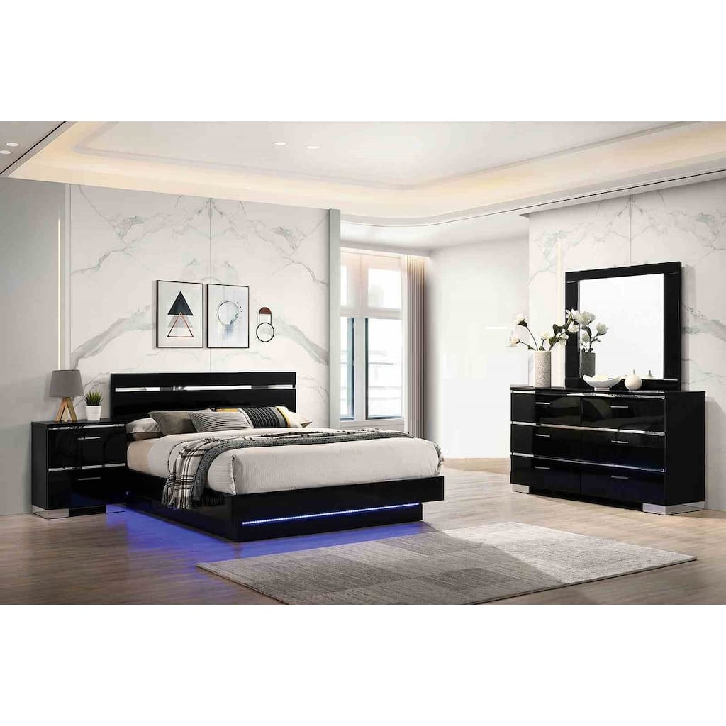 Contemporary Gloss Black Platform Bed 4 Piece Bedroom Furniture Set with LED Lights