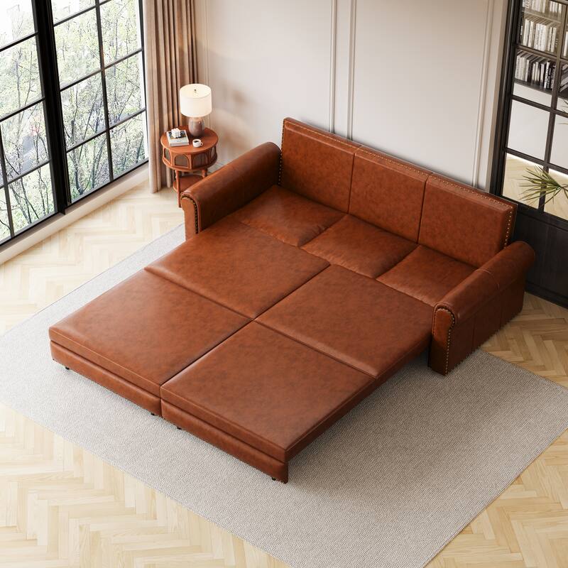 3-in-1 Faux Leather Convertible Loveseat Sleeper Sofa, 93.7" Oversized Pull Out Sofa Bed with Nailhead Trim & Rolled Arms