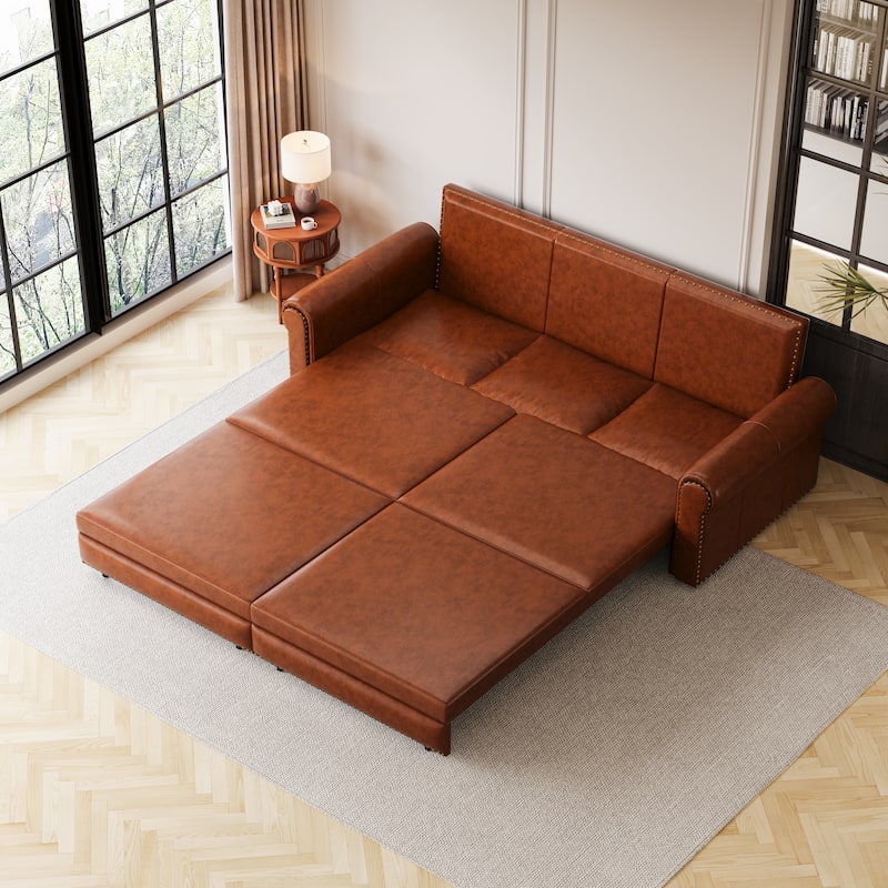 Homy Casa Faux Leather Pull-Out Sofa Bed, 2-in-1 Convert Sleeper Couch - Light Brown