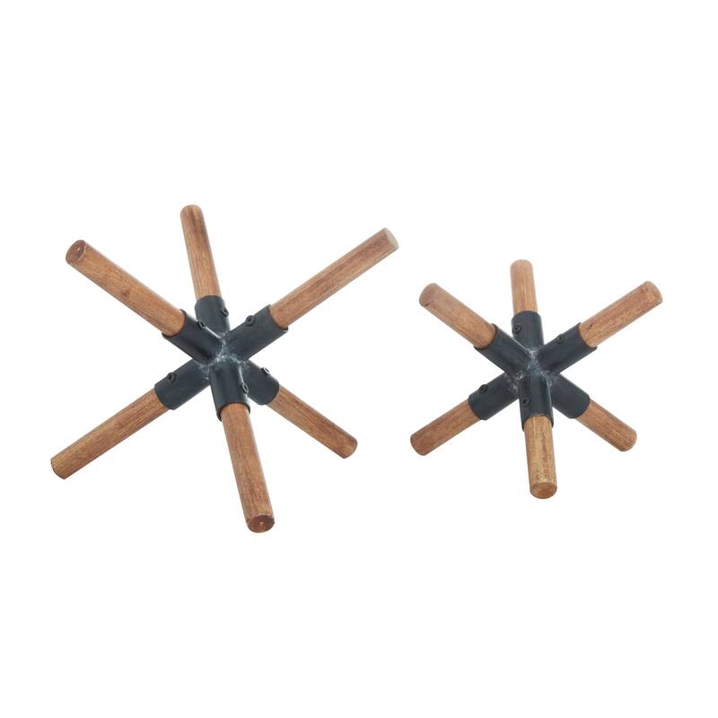 Brown Wood Jack Decorative Sculpture with Black Metal Centers (Set of 2) - 8 x 7 x 6 and 6 x 5 x 4