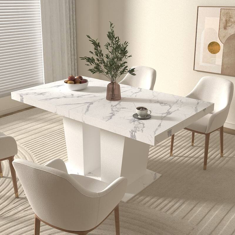 Extendable Dining Room Table, Wooden Kitchen Table with Double Pedestal Base, Large Meeting Table Home Office Table - White Marble