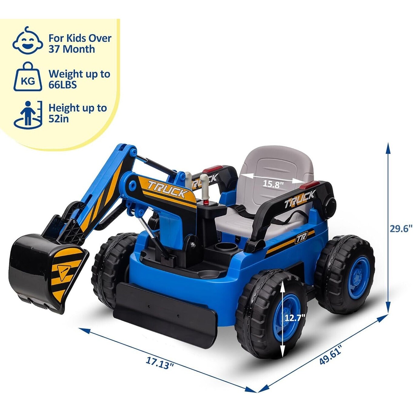 Ride On Excavator for Kids, 4WD Electric Excavator Toy, 12V