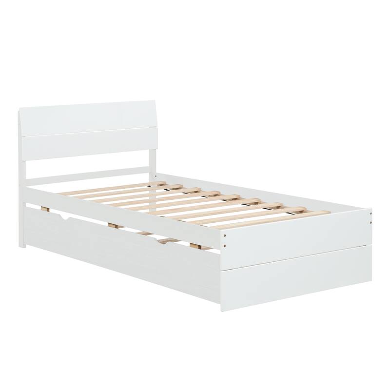 Twin Size Bed with Trundle Bed, Wooden Platform Bed Frame with Headboard and Twin Size Trundle Bed, for Girls Boys Teens Adults