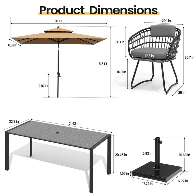 Set of 9 Outdoor Patio Dining Set WoodLike Aluminum Umbrella Hole Table with Rattan Chairs, Market Umbrella and Base