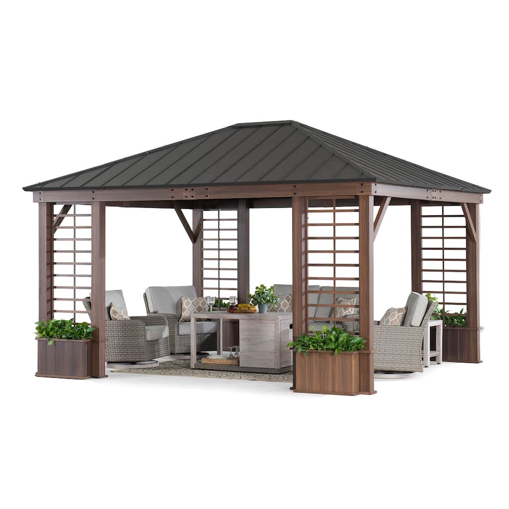 Sunjoy Aluminum Frame Hardtop Gazebo with Planters Outdoor Patio For Gardens, Patios, Lawns