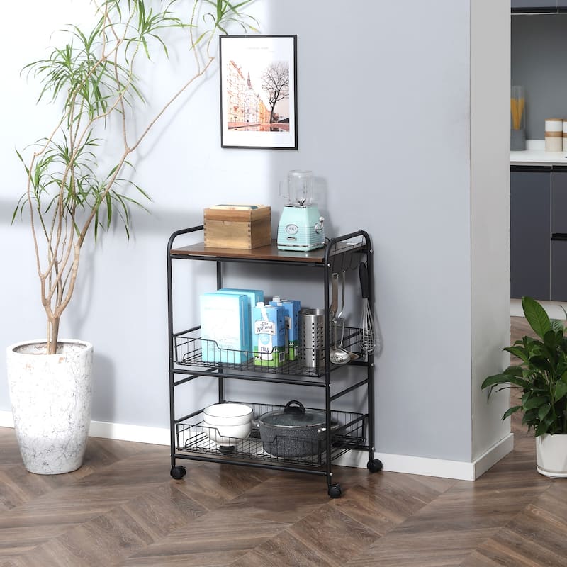 3 Tier Rolling Kitchen Cart with Storage, Kitchen Island Cart on Wheels with 2 Sliding Fruit Basket