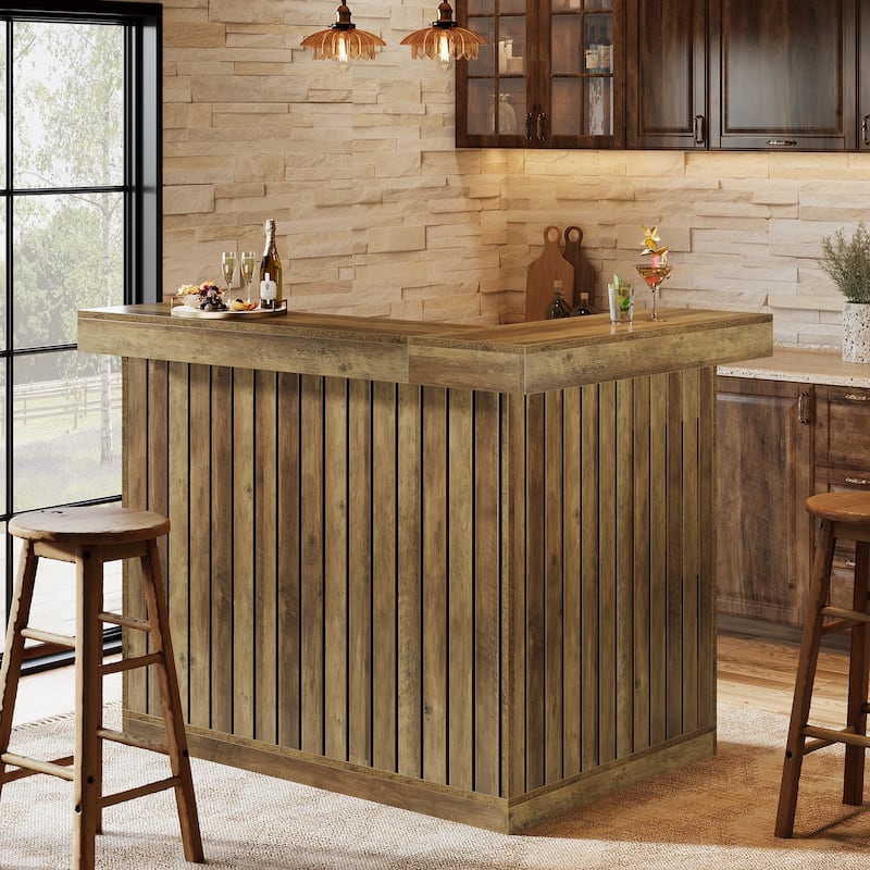 Home Bar Unit, Corner Liquor Bar Table with Storage Shelves & Wine Glass Holder, Pub Reception Accent Cabinet Desk