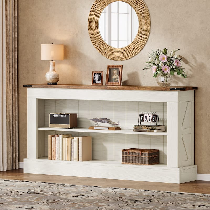 63-Inch Long Console Table with Shelf, 3 Tier Modern Entryway Table - Cream White+Brown