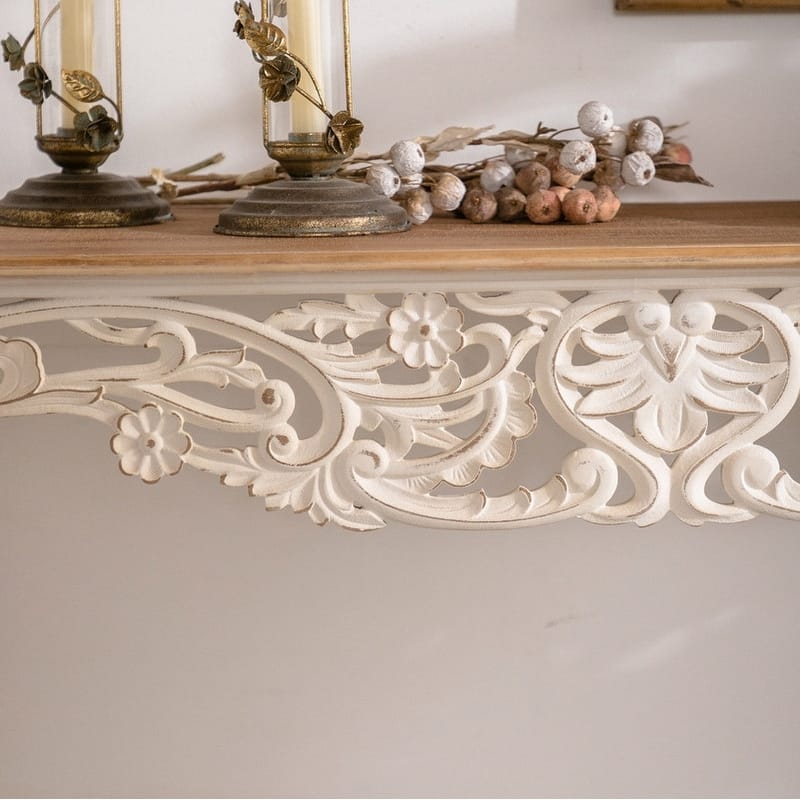 Antique White Console Table with Carvings, Country Entry Table for Hallway & Living Room