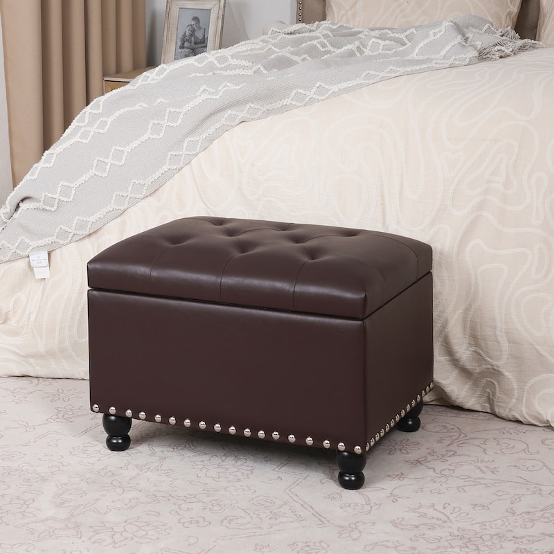 Adeco High End Classy Tufted Storage Ottoman Bench Footstool - DarkBrown-with-Black-Legs