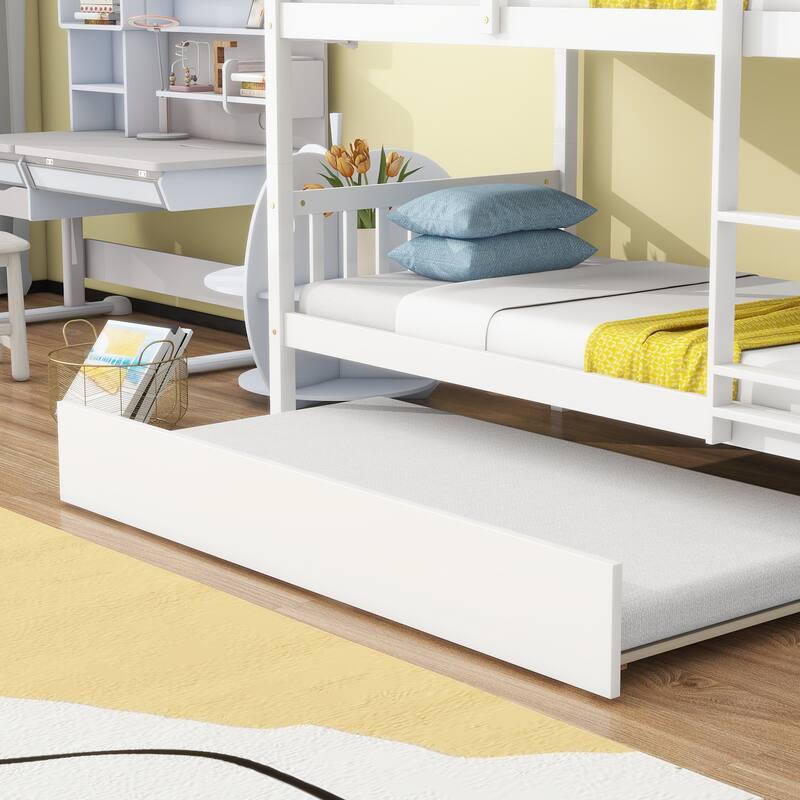 Convertible Twin Over Twin Bunk Bed with Trundle, White Rubber Wood, Safety Guardrails, and Ladder