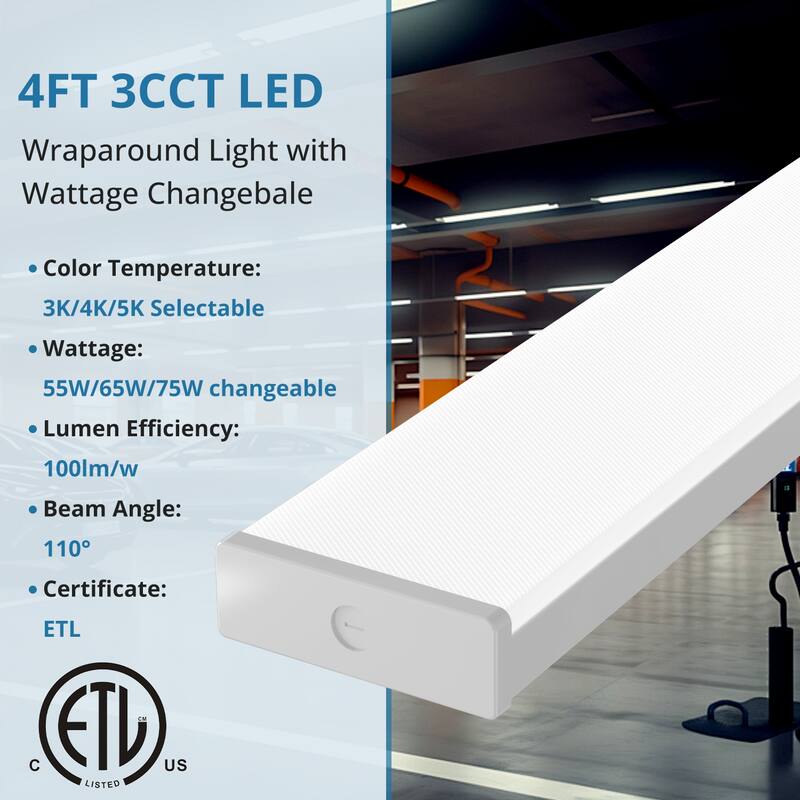 4 Pack 4FT LED Wraparound Light with 3 Wattages/3 Lumens/3 CCT Selectable, 55W/65W/75W, 5500lm/6500lm/7500lm, 3000K/4000K/5000K