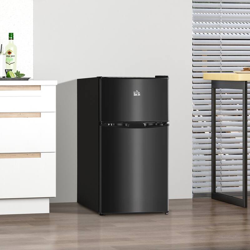 HOMCOM Double Door Mini Fridge with Freezer, 3.2 Cu.Ft Compact Refrigerator with Adjustable Shelf, Adjustable Thermostat - 18" W x 19.75" D x 34" H - Black