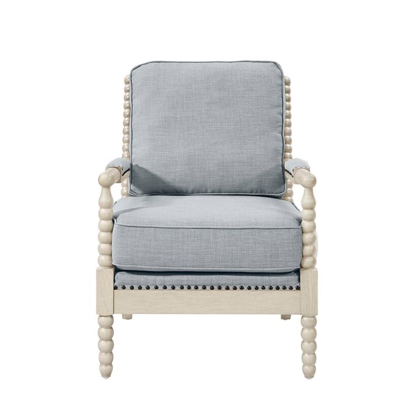 Roomfitters Upholstered Spindle Accent Chair, Transitional Turned-Wood Armchair with Bronze Nailheads, Roomfitters, Ivory & Grey