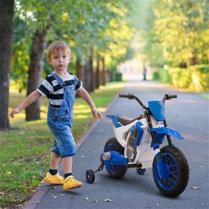 Kids Ride-On Motorcycle 12V with Rechargeable Battery and Dual Shock Removable Training Wheels - 42"L x 20.25"W x 26.75"H - Blue
