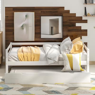 Twin Size Daybed with Pull-Out Trundle, Solid Wood Bed Frame with Full-Length Guardrails, Space-Saving Design for Small Bedrooms