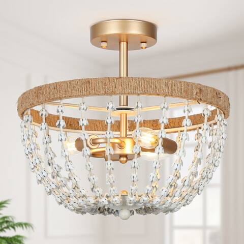 Coastal Boho Gold 3-light Faux Beads Semi-flush Mount Ceiling Lights - D14.2" x H18.5"