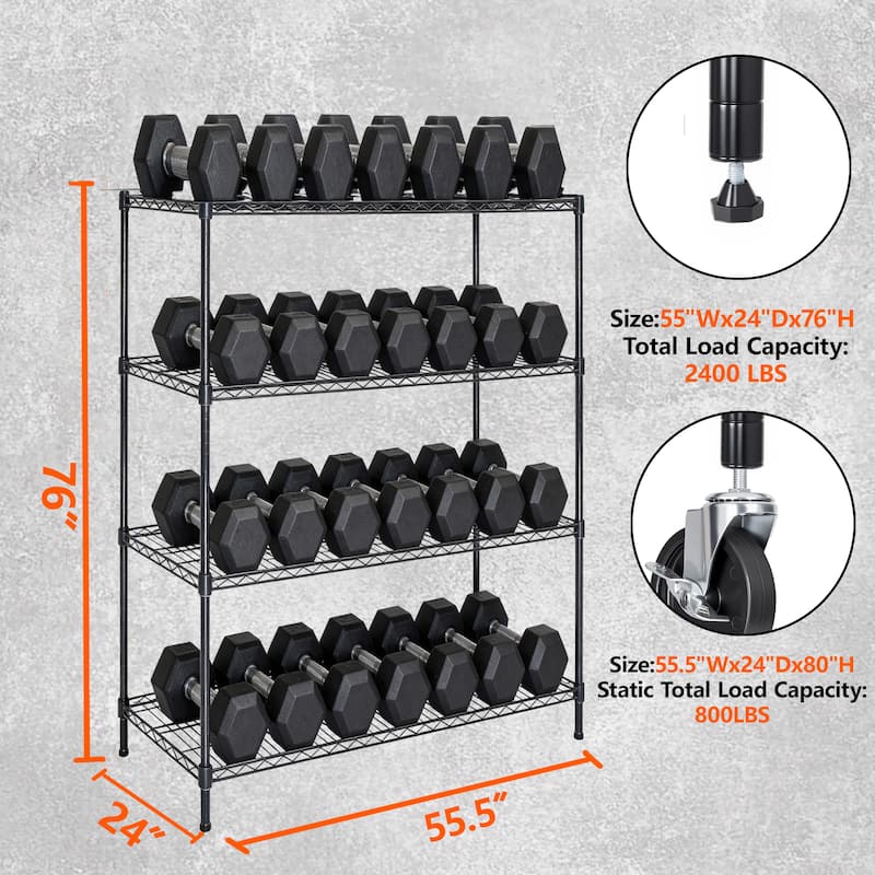 55.5"W x 24"D x 80"H Heavy Duty Wire Storage Shelves with Wheels,4 Tier Adjustable,2400 lbs Capacity,Rolling Industrial Storage