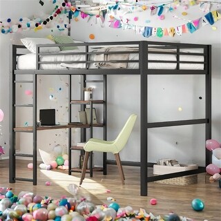 Full Size Loft Bed with Desk and Shelves, Black