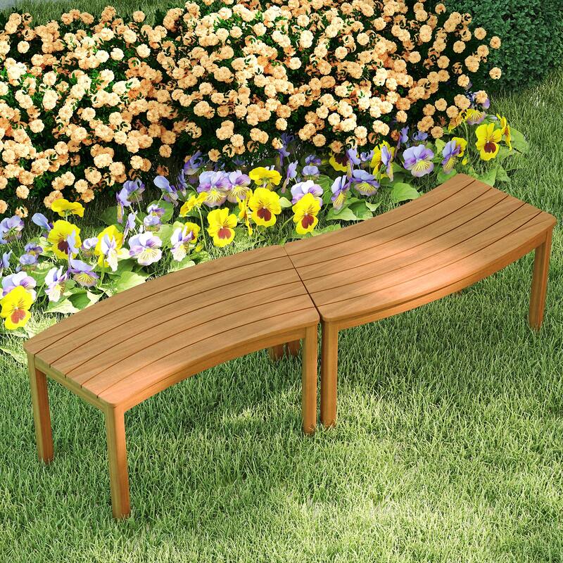 Gymax Outdoor Curved Acacia Wood Bench Set of 2 Patio Garden Backless