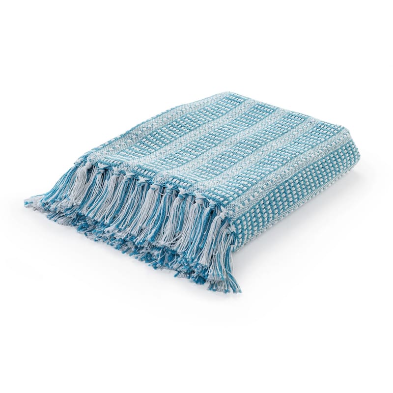 HomeRoots Blue and White Woven Cotton Striped Throw Blanket - Throw - Blue/White