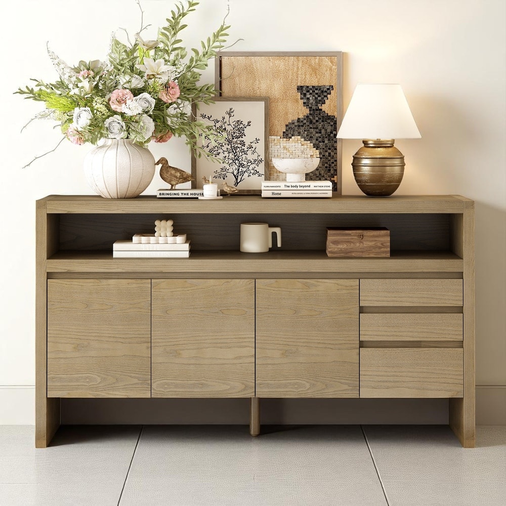60" Modern Sideboard with 3 Drawers and 3 Doors, Ash Veneer Storage Cabinet with Semi-Open Shelf and Cable Cutout