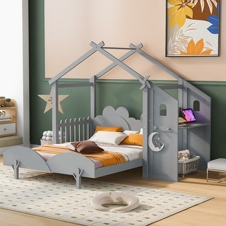 Full Size Platform Bed with Windmill, Flower Decor & Desk - Creative Design
