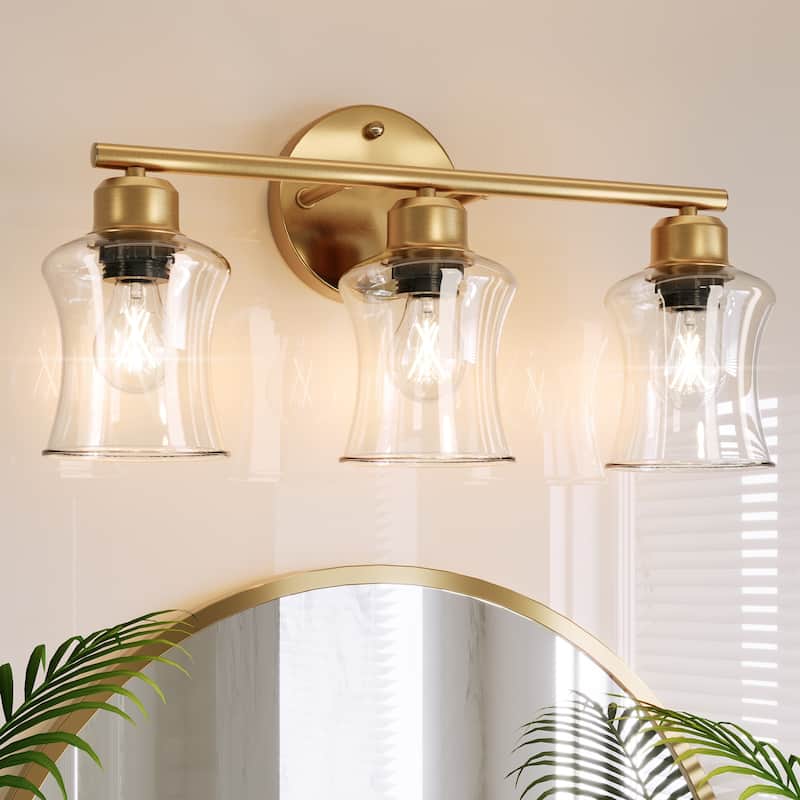 E26 Base 3-Light Bath Wall Light Fixtures with Clear Glass Shades - Gold+Clear