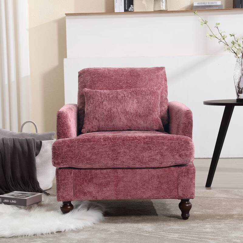 Chenille Fabric Accent Chair, Tufted Upholstered Living Room Chair, Lounge Armchair with Solid Wood Frame & Pillows